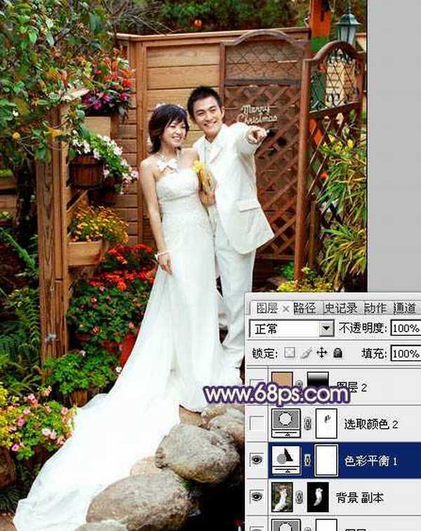 Photoshop将园林婚片调成甜美的暖红色