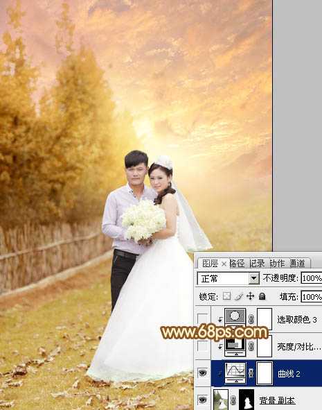 Photoshop为泛白的顺林婚片增加柔美的霞光效果教程