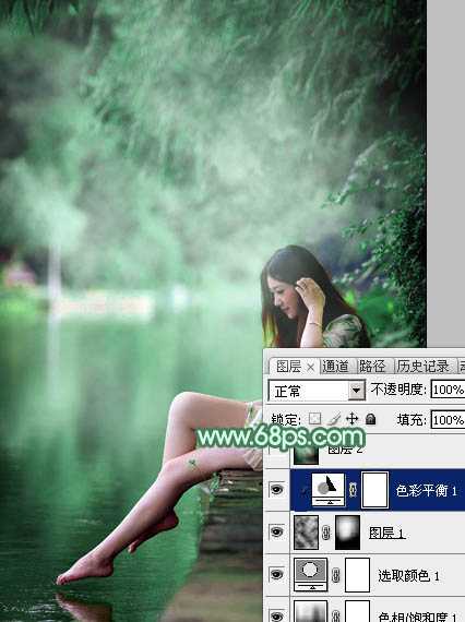 Photoshop将较暗的黄绿色湖景美女图片打造梦幻的青绿色