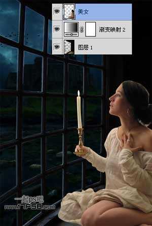 Photoshop合成蹲在窗户边上拿着蜡烛美女夜景