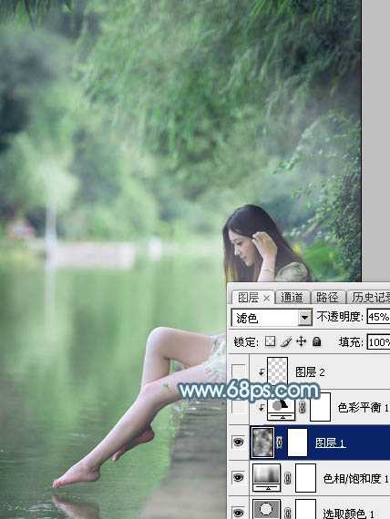 Photoshop将水边的美女调制出淡淡的青绿蜜糖色