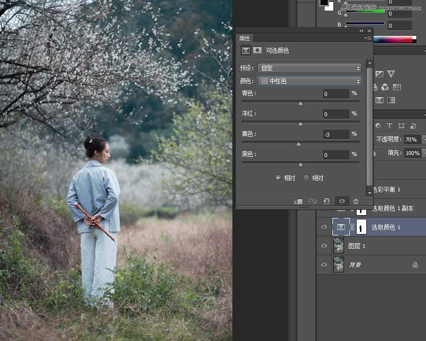 Photoshop调出外景梅花人像中国风冷色效果